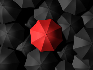 عکس چتر قرمز در بین چترهای سیاه