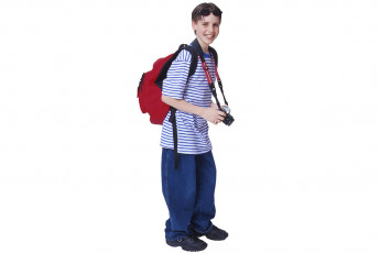 عکس دانش آموز با دوربین و کوله پشتی