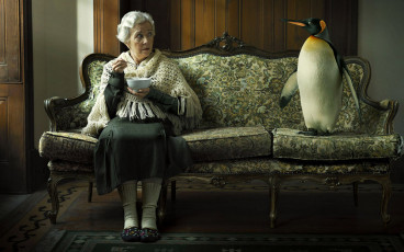 عکس پیرزن و پنگوئن در اتاق
